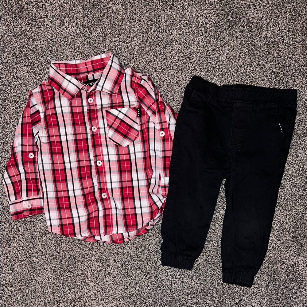 DKNY Red Plaid Shirt and Black Jogger Pants Set, 18M